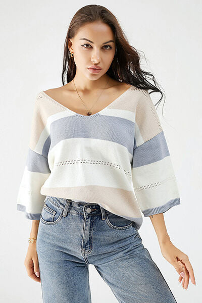 Modern Color Block V-Neck Casual Sweater