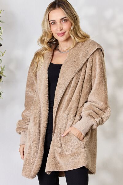 H&T Faux Fur Open Front Hooded Jacket