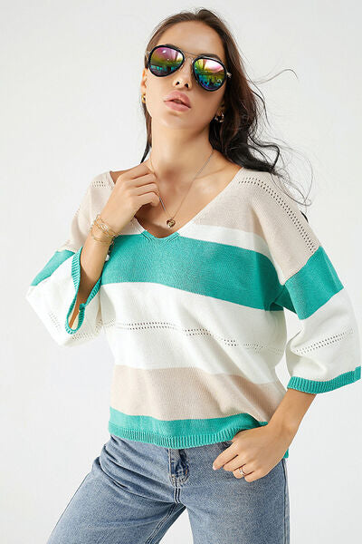 Modern Color Block V-Neck Casual Sweater