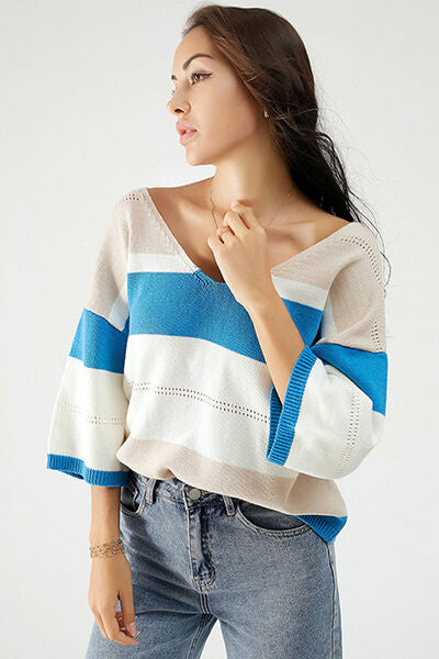 Modern Color Block V-Neck Casual Sweater