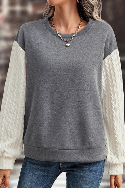 Chic Contrast Dropped Shoulder Round Neck Sweatshirt for Women