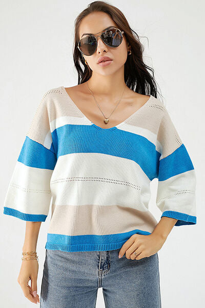 Modern Color Block V-Neck Casual Sweater